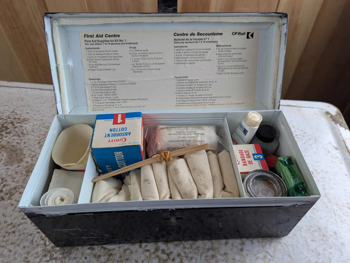 Vintage Black Metal Canadian Pacific First Aid Centre Railroad Box with Contents