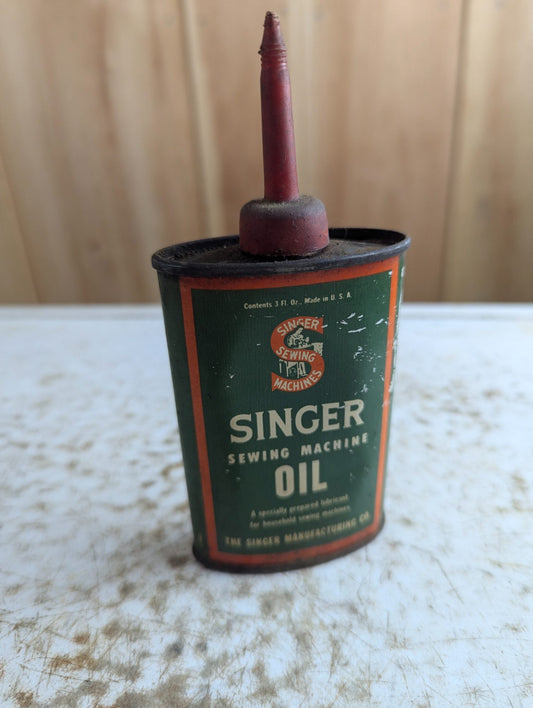 1950s Singer Sewing Machine Oil 3oz Tin Oiler Green and Orange