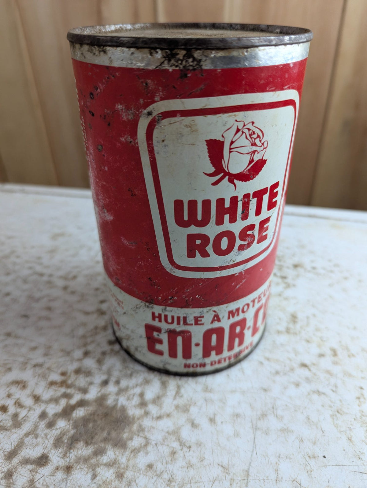 Vintage White Rose En-Ar-Co Non-Detergent Motor Oil Can Red and White