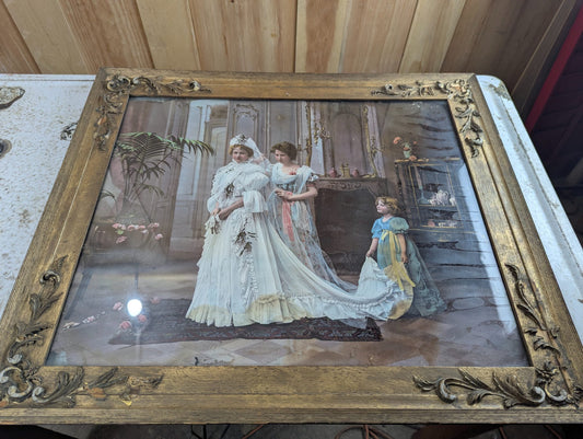 1898 Hand-Coloured French Bridal Scene Photograph in 29"x25" Gold-Gilt Wood Frame