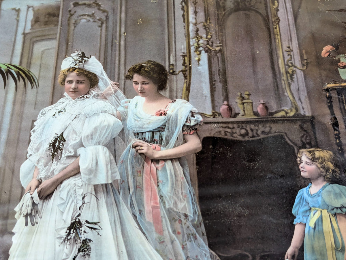 1898 Hand-Coloured French Bridal Scene Photograph in 29"x25" Gold-Gilt Wood Frame