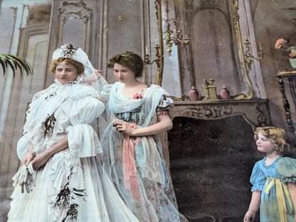 1898 Hand-Coloured French Bridal Scene Photograph in 29"x25" Gold-Gilt Wood Frame