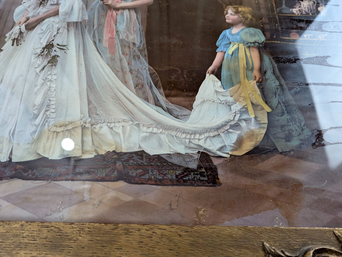 1898 Hand-Coloured French Bridal Scene Photograph in 29"x25" Gold-Gilt Wood Frame