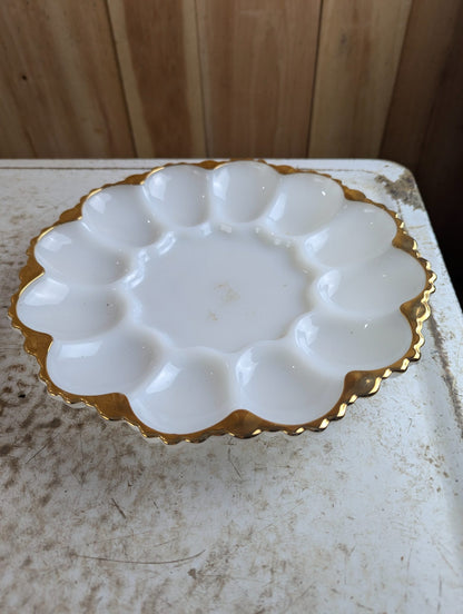 1950s Anchor Hocking Milk Glass Deviled Egg Serving Plate with Scalloped Edge and 22k Gold Trim