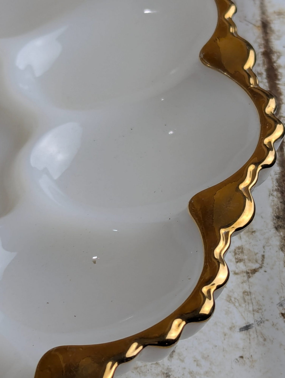 1950s Anchor Hocking Milk Glass Deviled Egg Serving Plate with Scalloped Edge and 22k Gold Trim