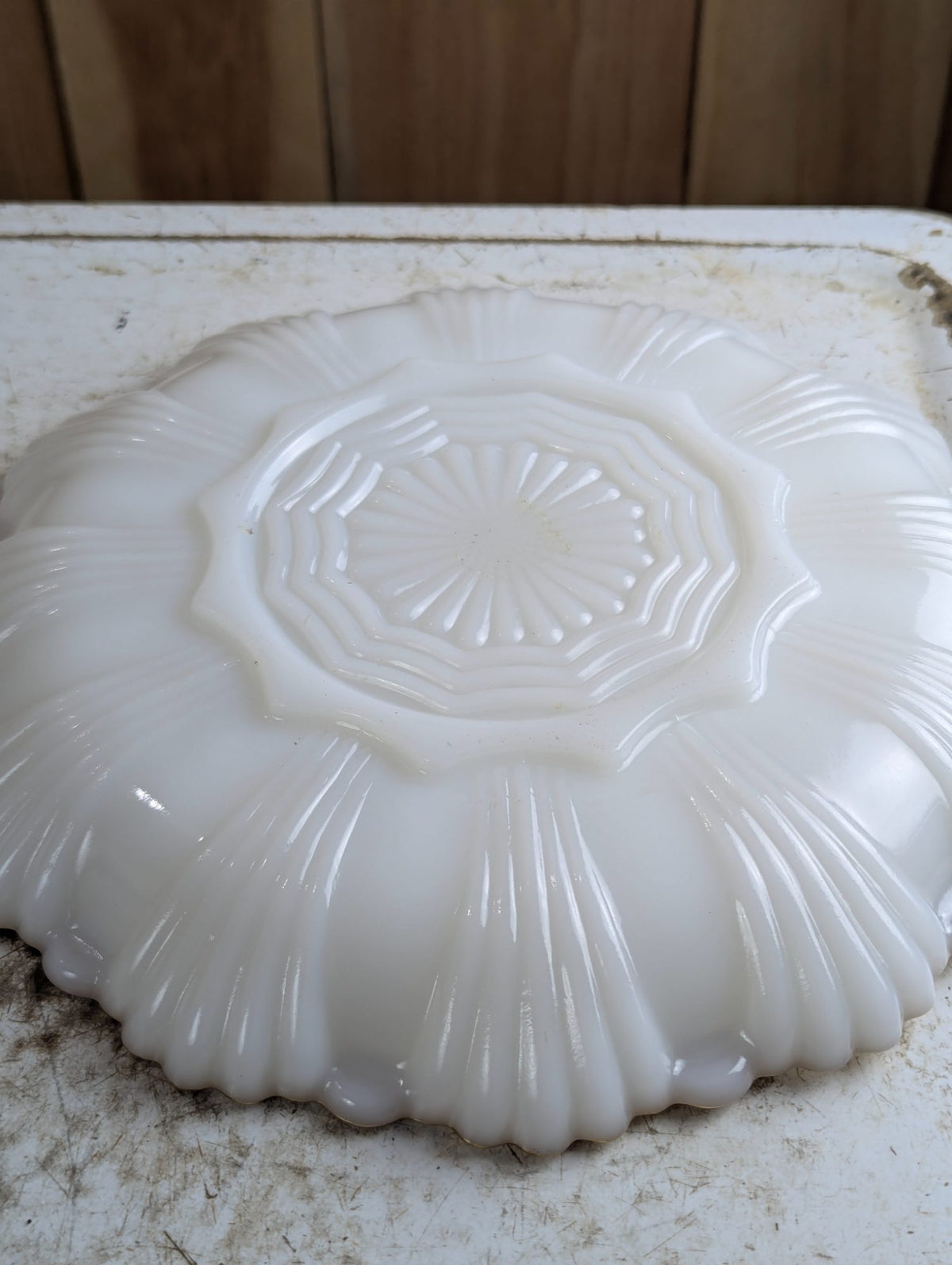 1950s Anchor Hocking Milk Glass Deviled Egg Serving Plate with Scalloped Edge and 22k Gold Trim
