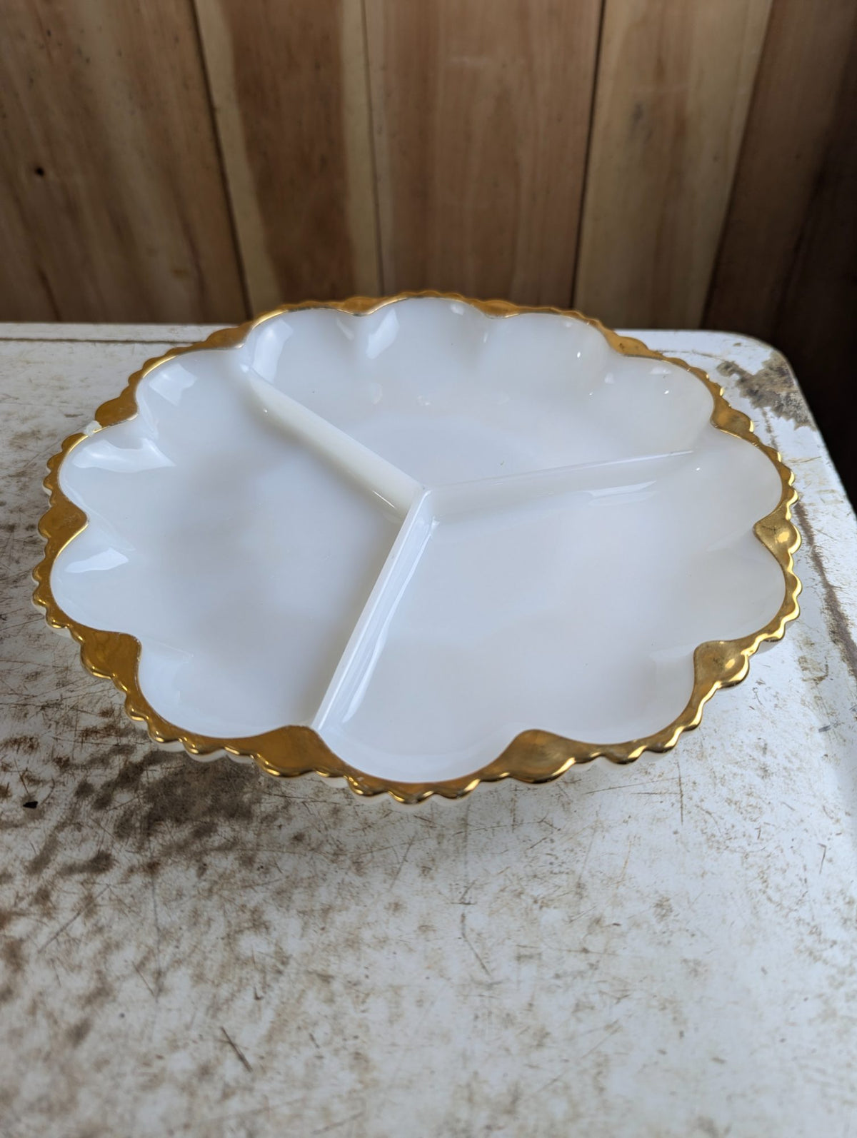 1950s Anchor Hocking Milk Glass 3-Section Divided Relish Dish with Scalloped Edge and 22k Gold Trim