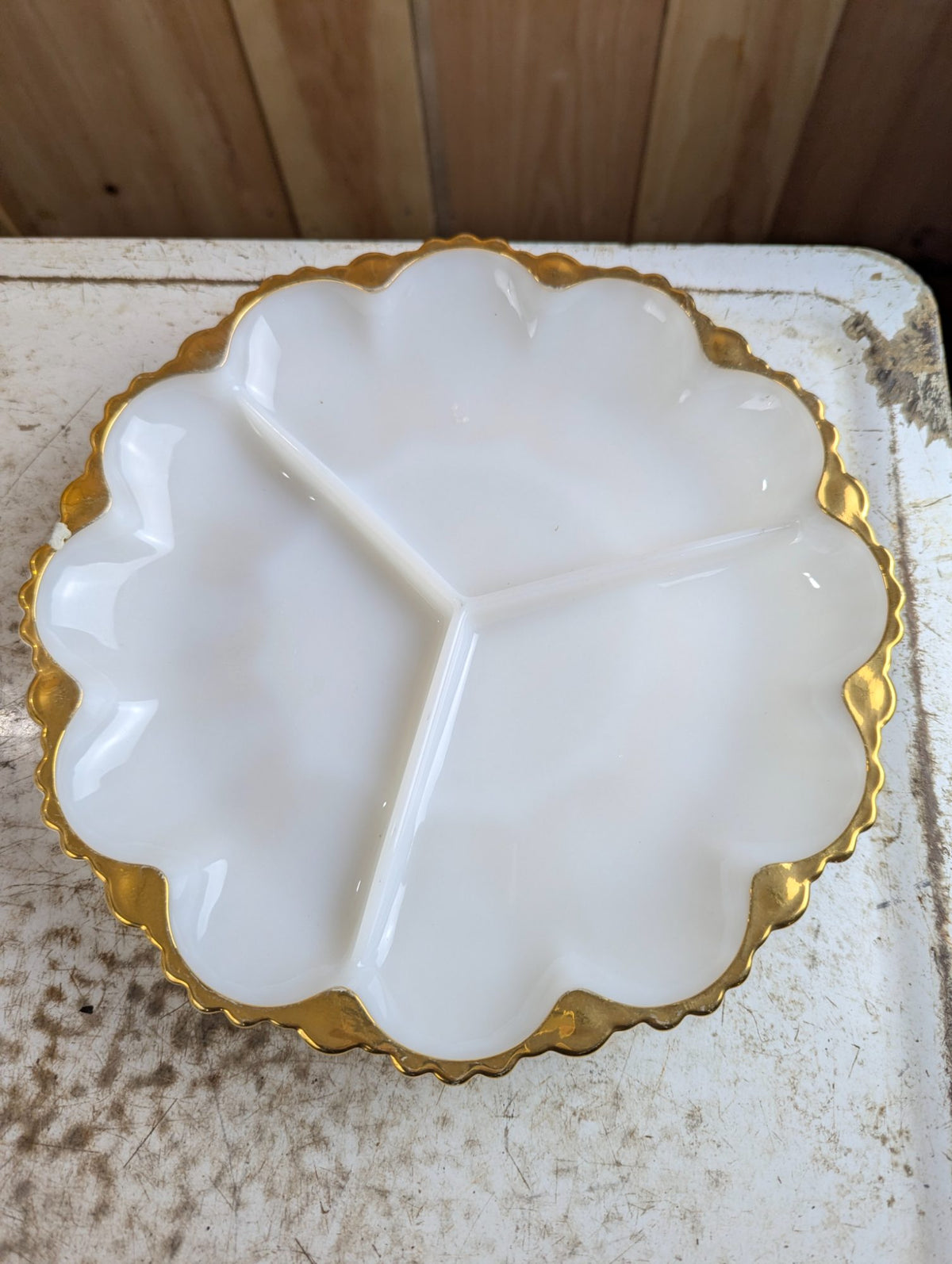 1950s Anchor Hocking Milk Glass 3-Section Divided Relish Dish with Scalloped Edge and 22k Gold Trim