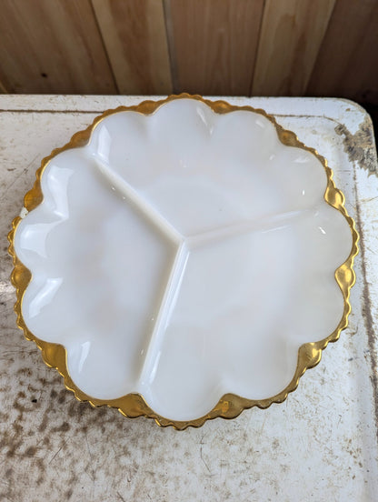 1950s Anchor Hocking Milk Glass 3-Section Divided Relish Dish with Scalloped Edge and 22k Gold Trim