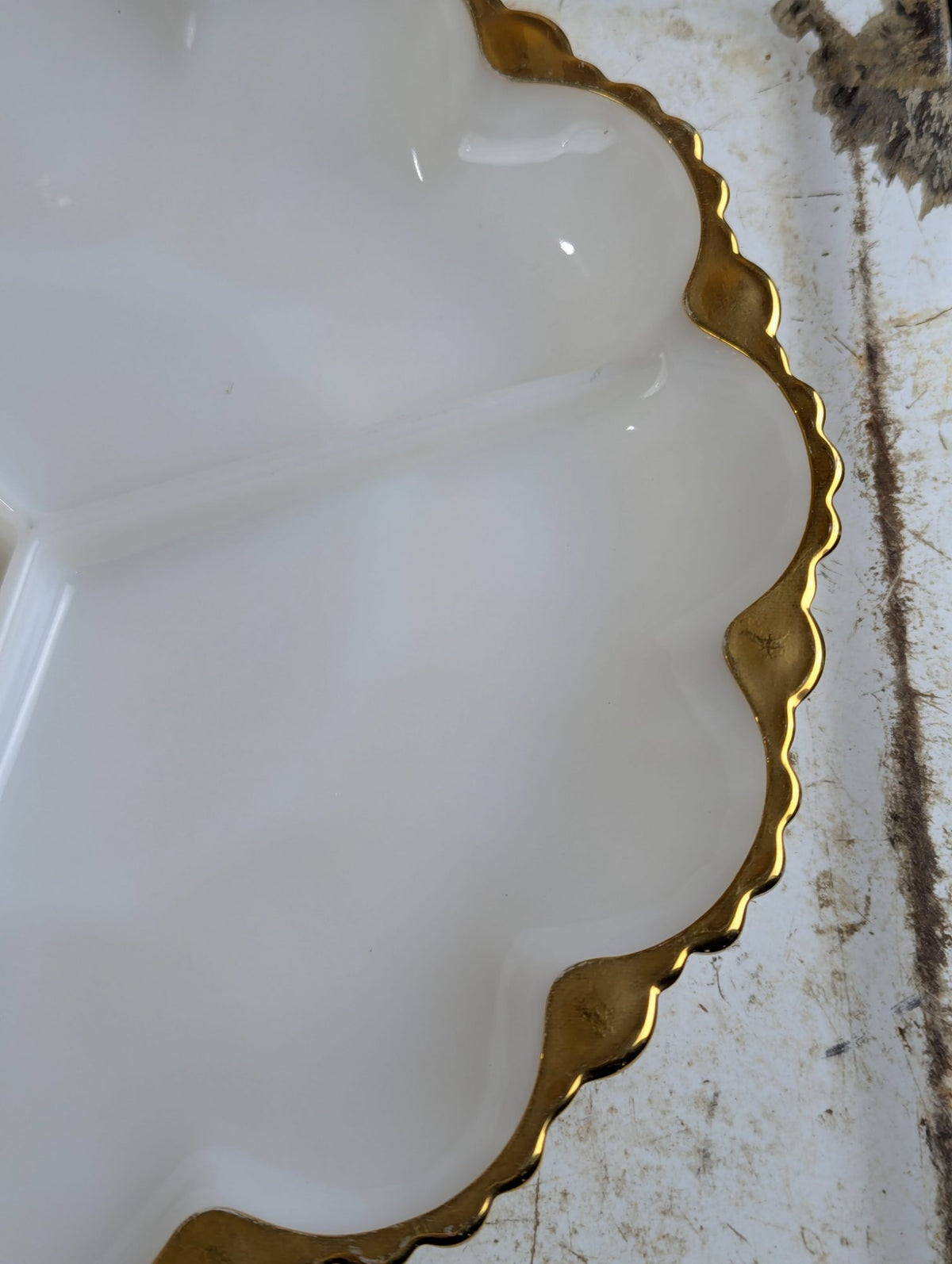 1950s Anchor Hocking Milk Glass 3-Section Divided Relish Dish with Scalloped Edge and 22k Gold Trim