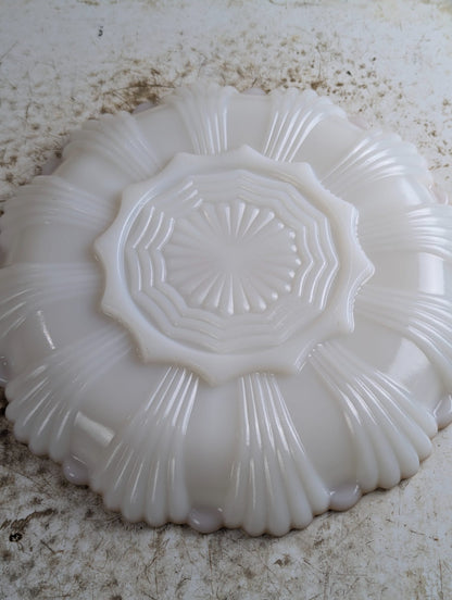 1950s Anchor Hocking Milk Glass 3-Section Divided Relish Dish with Scalloped Edge and 22k Gold Trim