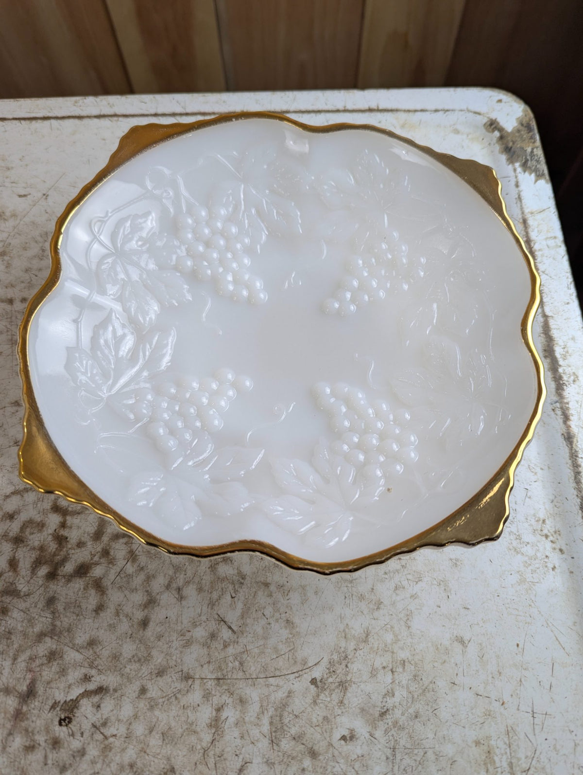 1950s Anchor Hocking Milk Glass Grape Pattern Gold Trim Serving Bowl Platter Pedestal