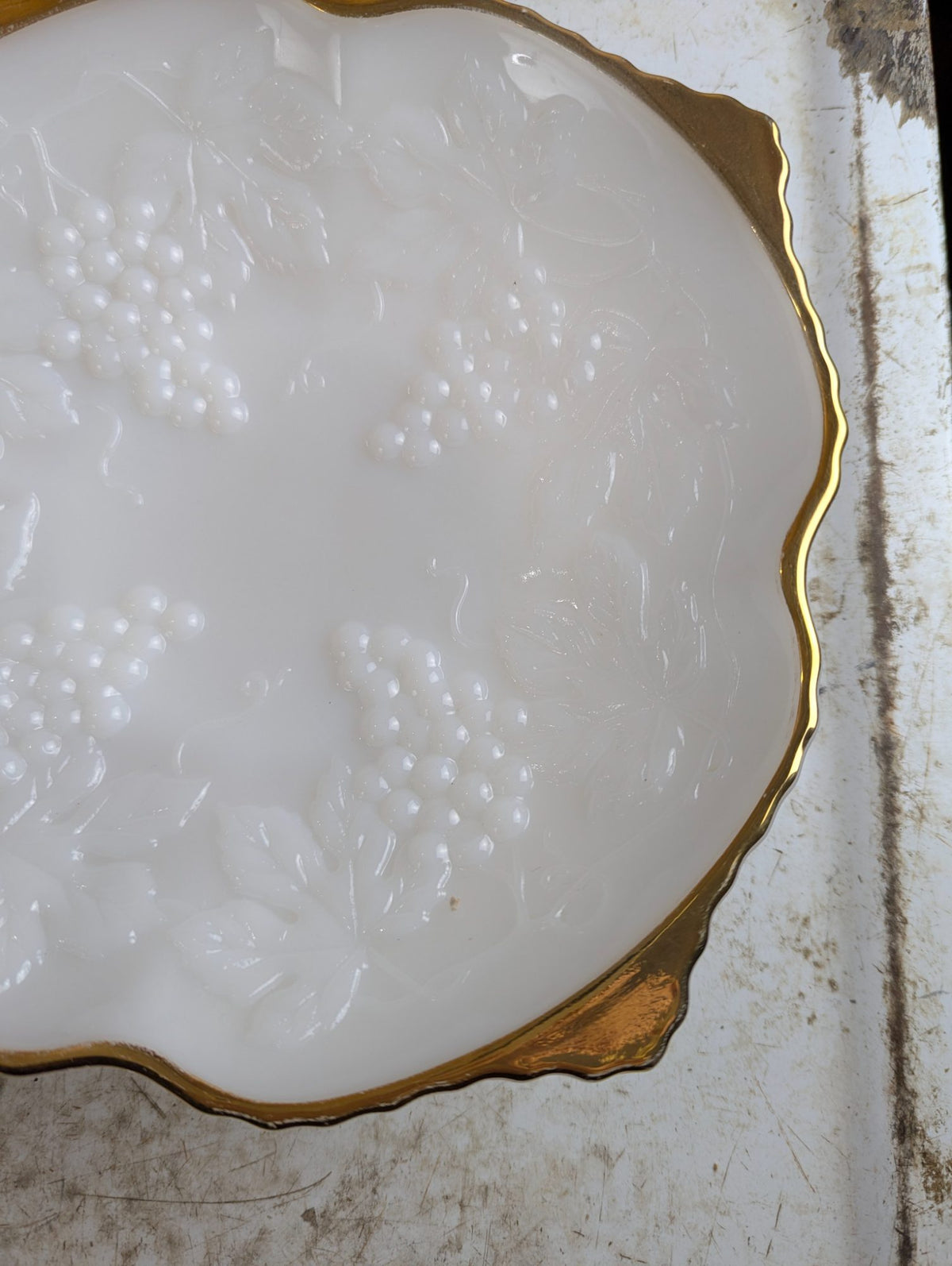 1950s Anchor Hocking Milk Glass Grape Pattern Gold Trim Serving Bowl Platter Pedestal