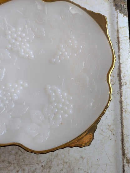 1950s Anchor Hocking Milk Glass Grape Pattern Gold Trim Serving Bowl Platter Pedestal