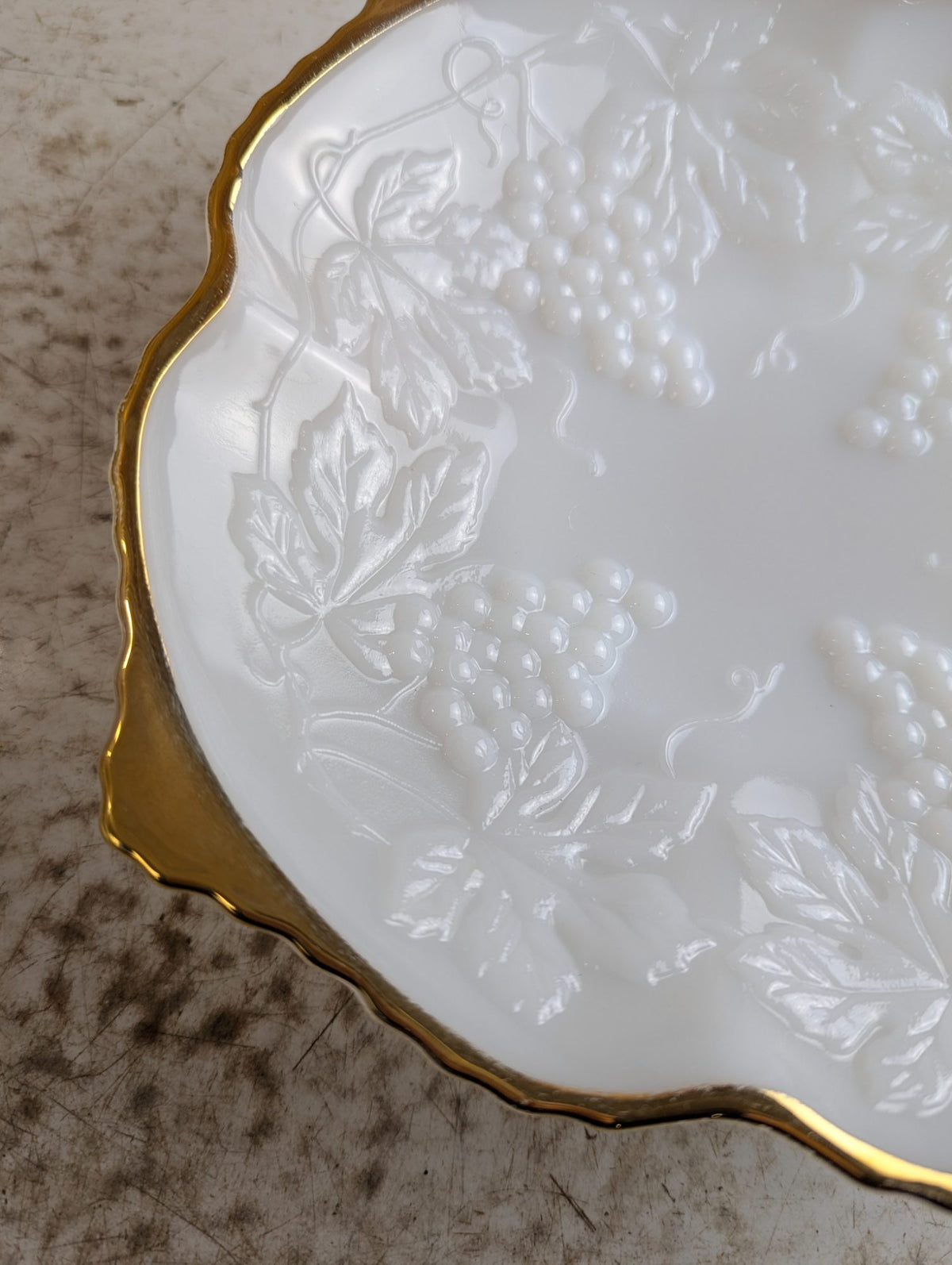 1950s Anchor Hocking Milk Glass Grape Pattern Gold Trim Serving Bowl Platter Pedestal
