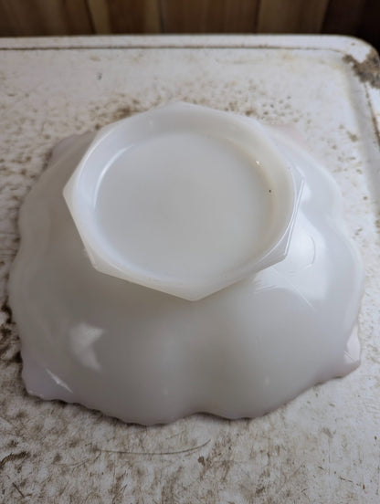 1950s Anchor Hocking Milk Glass Grape Pattern Gold Trim Serving Bowl Platter Pedestal