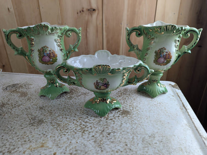 Vintage Ialtian Rococo Style Porecelian Three-Piece Mantle Garniture Set Ming Green with Gold Trim Courting Couple