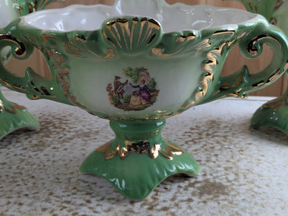 Vintage Ialtian Rococo Style Porecelian Three-Piece Mantle Garniture Set Ming Green with Gold Trim Courting Couple