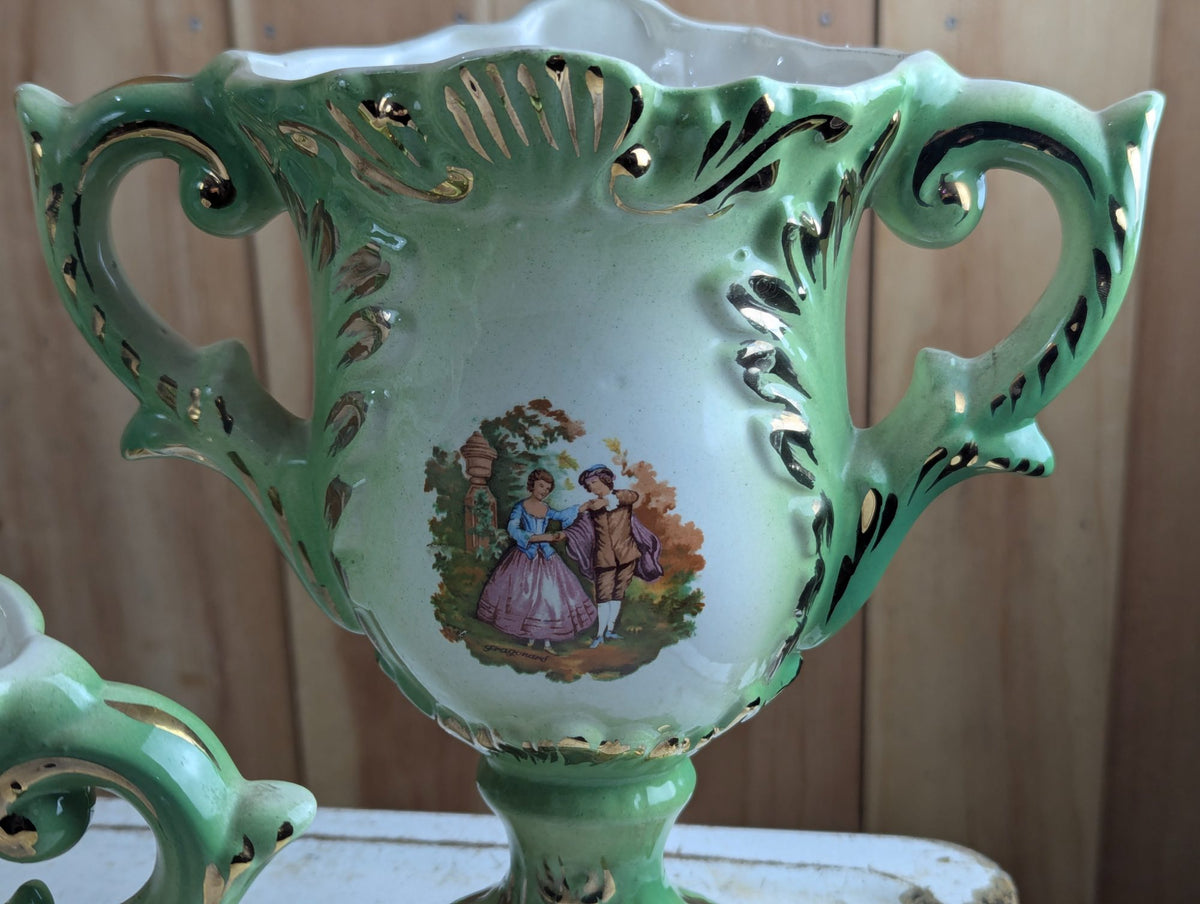 Vintage Ialtian Rococo Style Porecelian Three-Piece Mantle Garniture Set Ming Green with Gold Trim Courting Couple