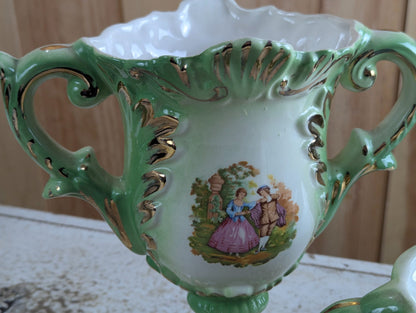 Vintage Ialtian Rococo Style Porecelian Three-Piece Mantle Garniture Set Ming Green with Gold Trim Courting Couple