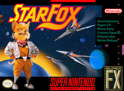 Box art for 'Star Fox' Super Nintendo game featuring a fox character and space-themed graphics.