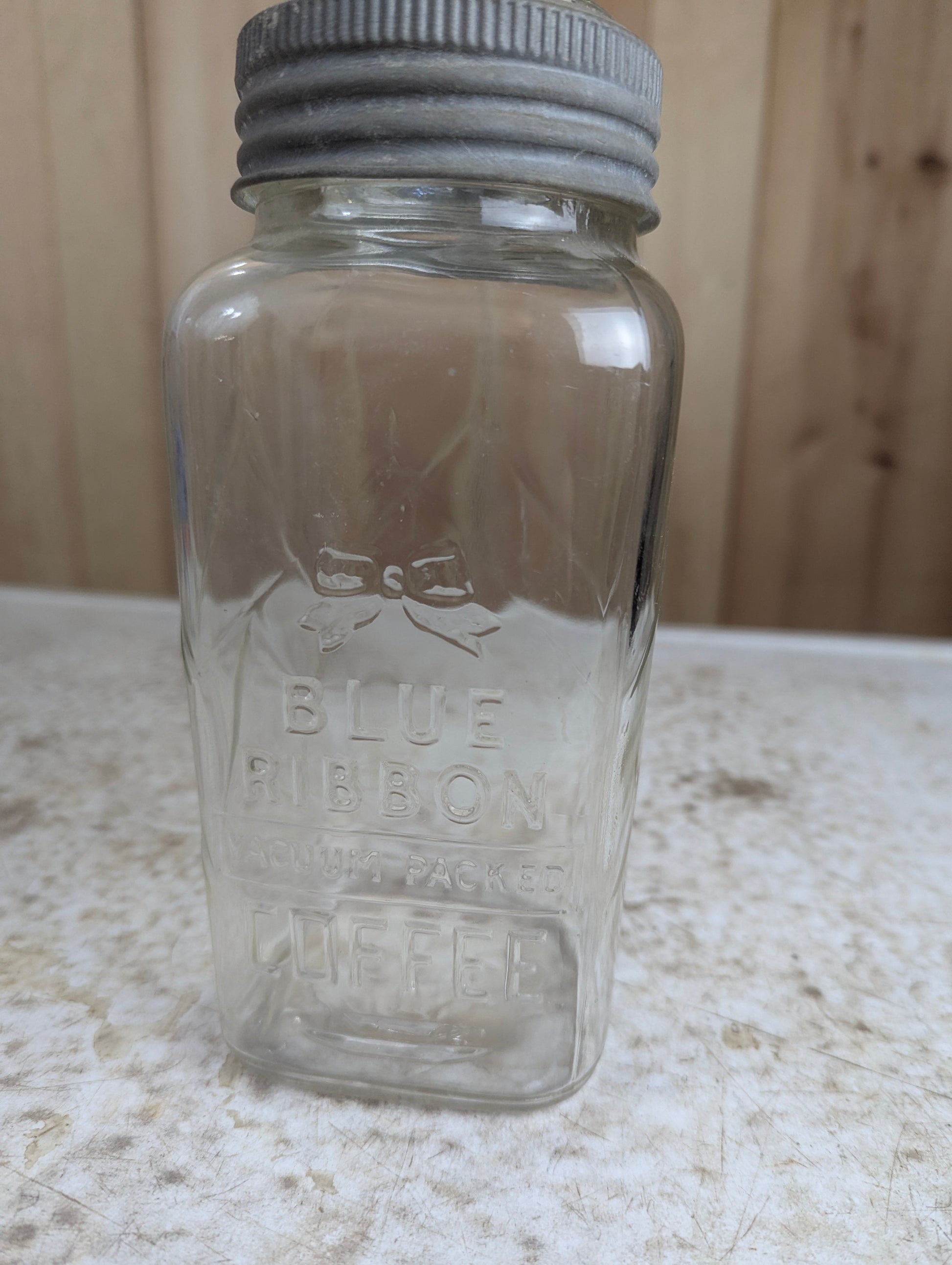 1930’s Blue Ribbon Vacuum Packed Glass Coffee Jar - view 2