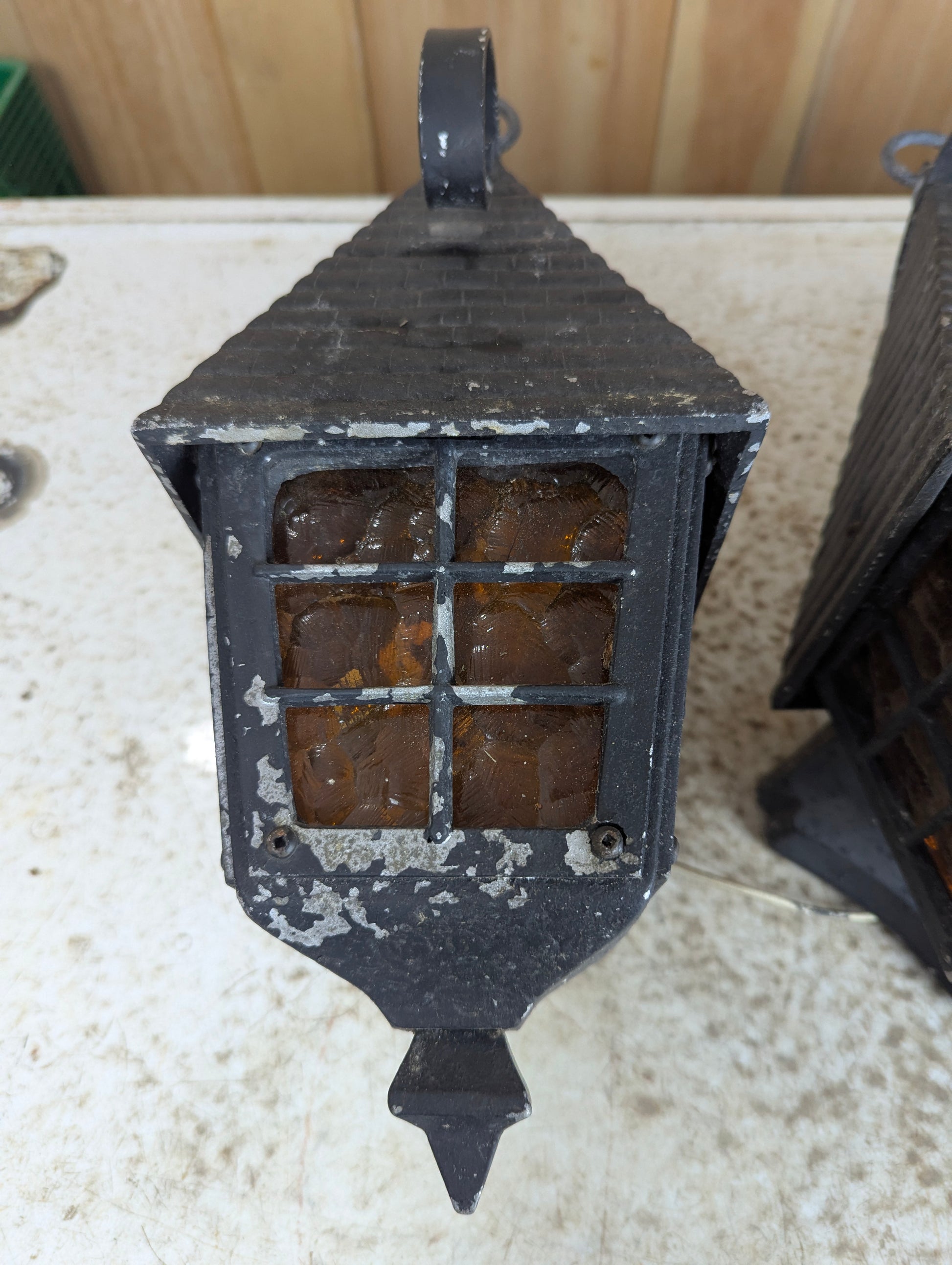 1940’s Cast Aluminum 2 Wall Sconces & Pendant Porch Light with Pressed Amber Glass Paness - view 2
