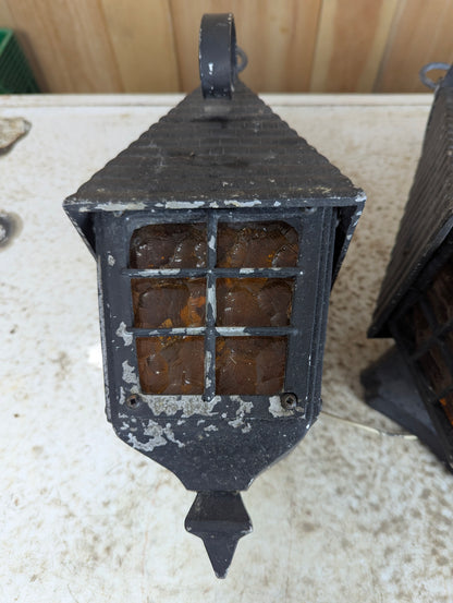 1940’s Cast Aluminum 2 Wall Sconces & Pendant Porch Light with Pressed Amber Glass Paness - view 2