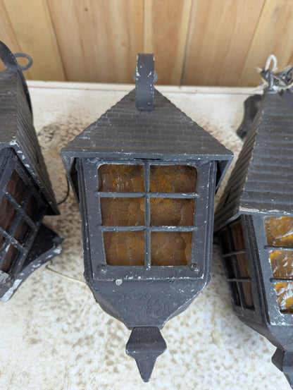 1940’s Cast Aluminum 2 Wall Sconces & Pendant Porch Light with Pressed Amber Glass Paness - view 3