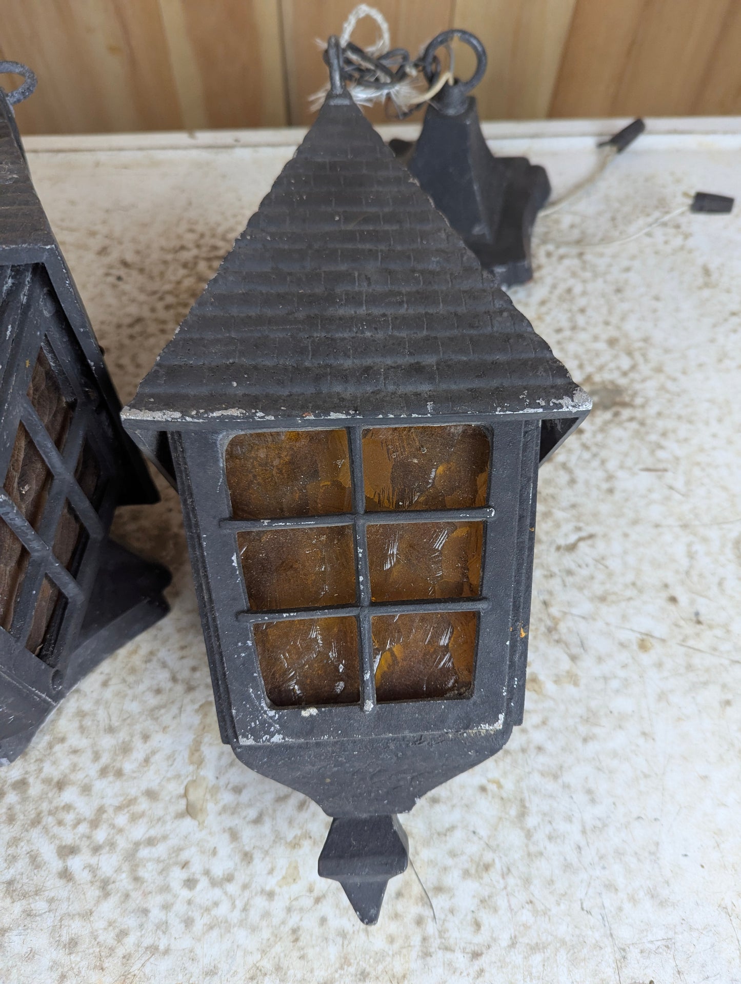 1940’s Cast Aluminum 2 Wall Sconces & Pendant Porch Light with Pressed Amber Glass Paness - view 4