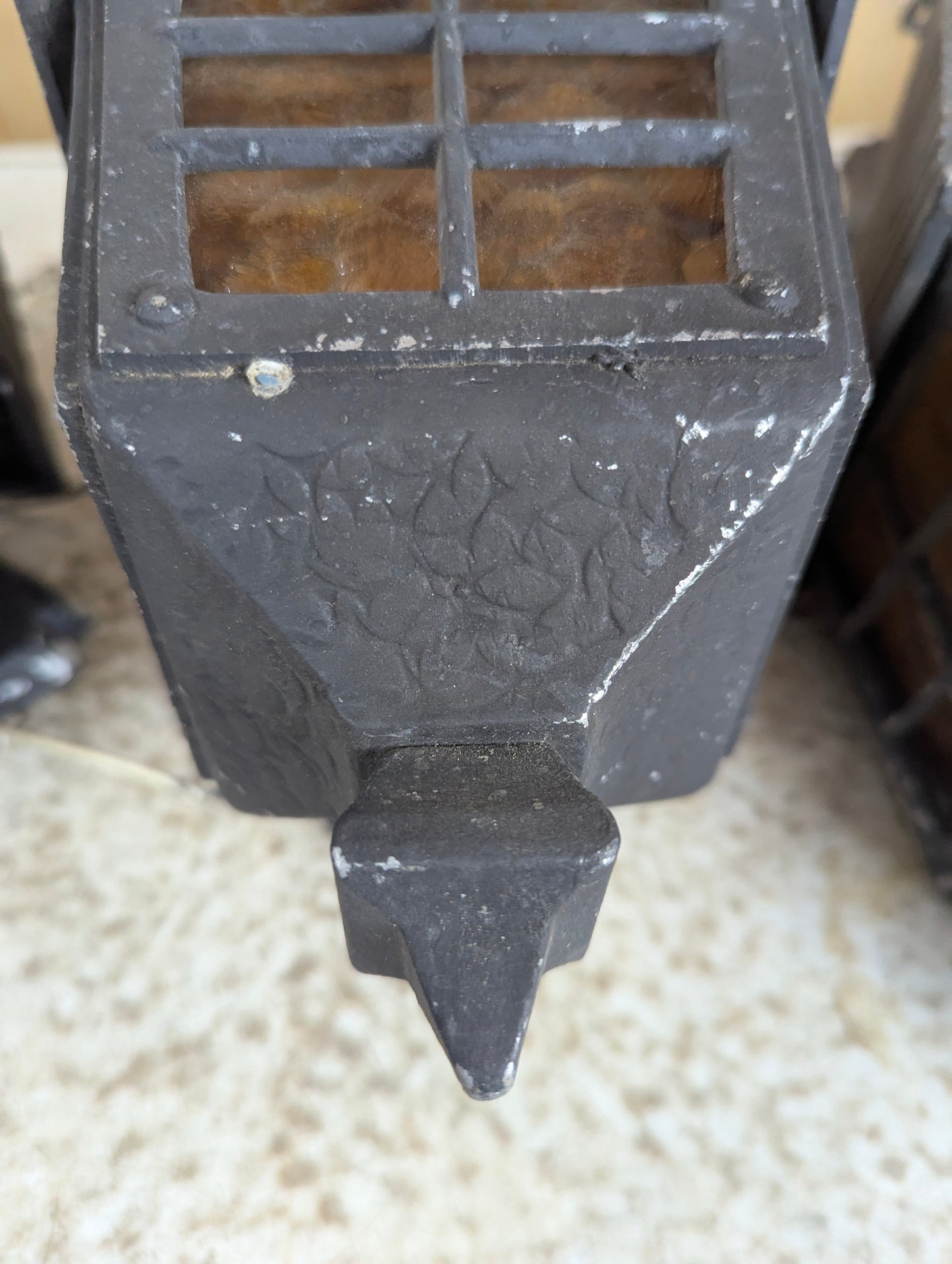 1940’s Cast Aluminum 2 Wall Sconces & Pendant Porch Light with Pressed Amber Glass Paness - view 5