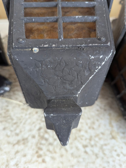 1940’s Cast Aluminum 2 Wall Sconces & Pendant Porch Light with Pressed Amber Glass Paness - view 5