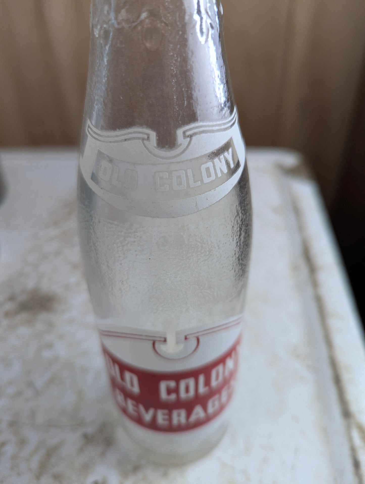 1940s Old Colony Beverages 10oz Clear Glass ACL Soda Bottle - view 3