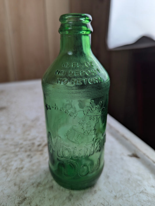 1960s Mountain Dew Hillbilly Stubby Green Embossed Glass Soda Bottle