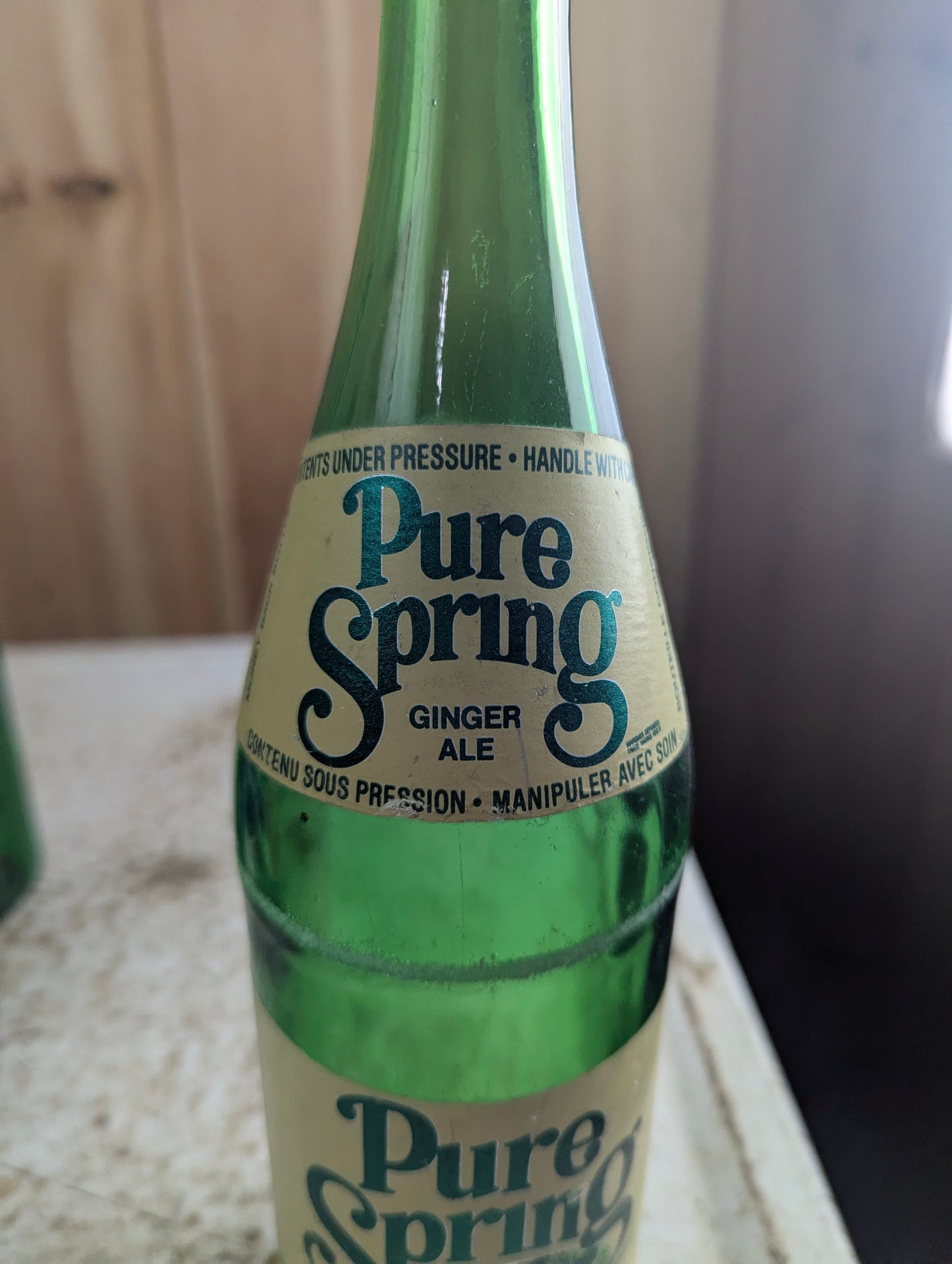 1980s Pure Spring Ginger Ale Green Glass Paper Label Soda Bottle - view 2