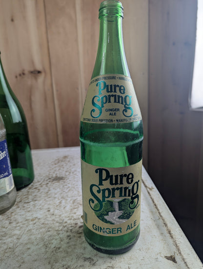 1980s Pure Spring Ginger Ale Green Glass Paper Label Soda Bottle - view 3