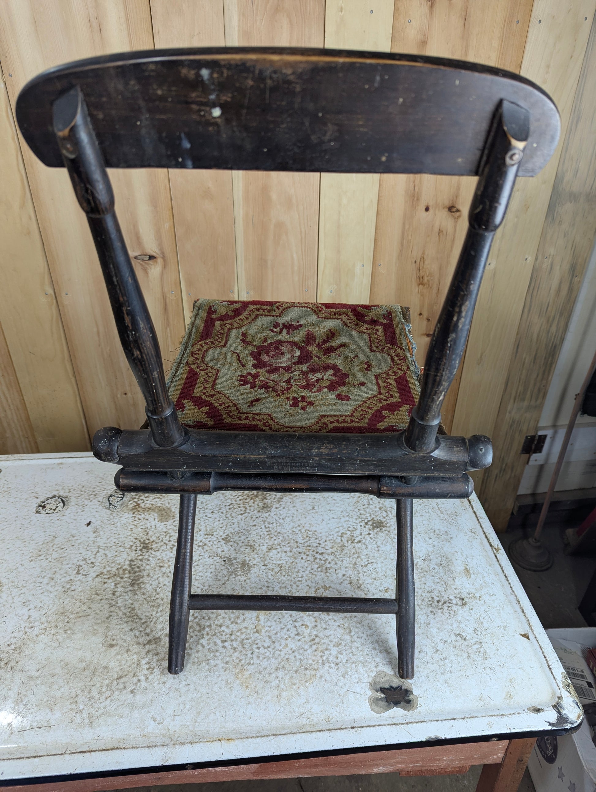 19th Century Folding Camp Chair with Needlepoint Tapestry Carpet Seat - view 6