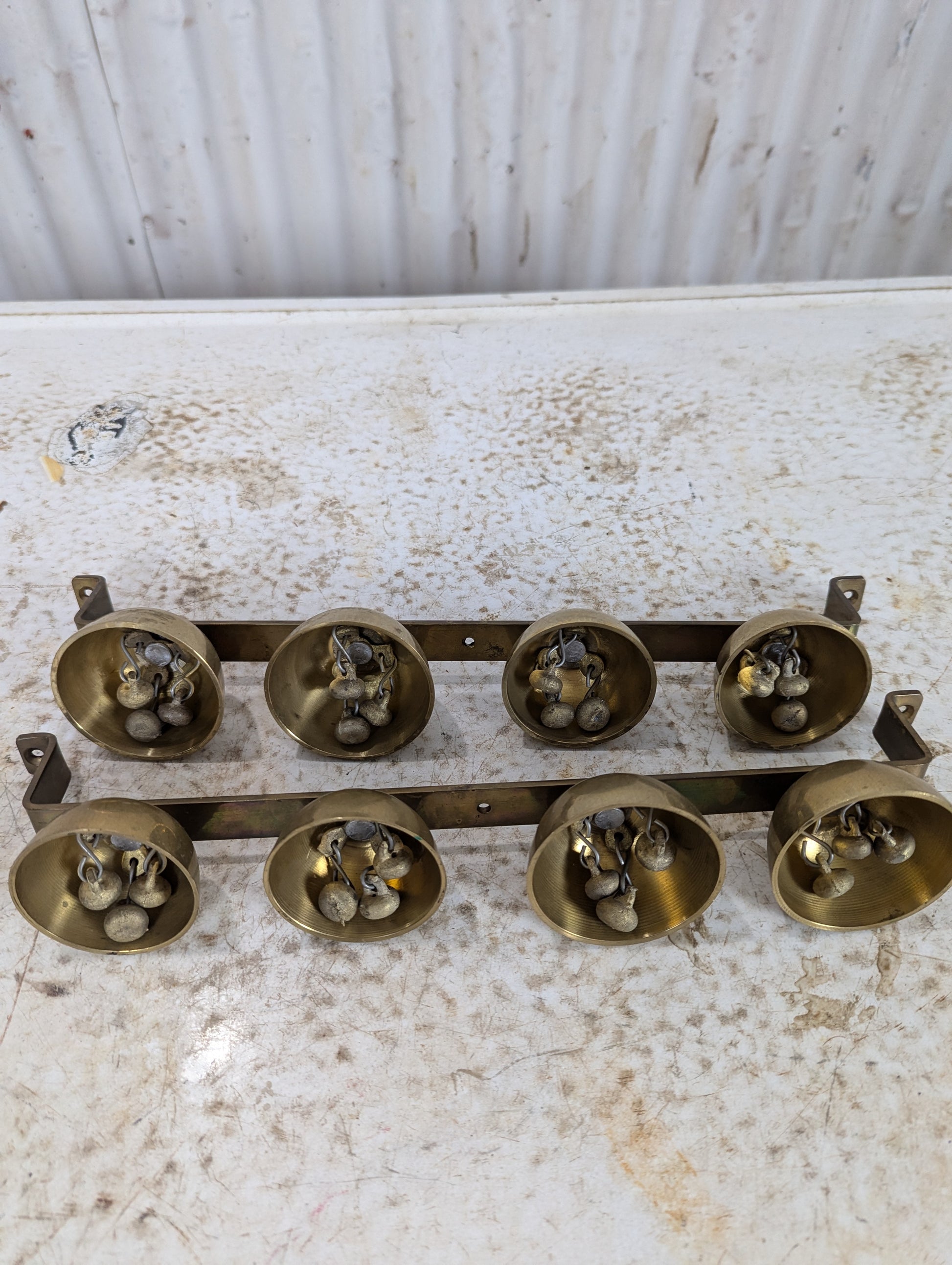 2 Vintage Clusters of 4 Brass Sleigh Bells on Metal Bar - view 2