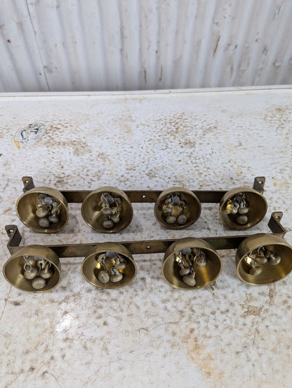 2 Vintage Clusters of 4 Brass Sleigh Bells on Metal Bar - view 2