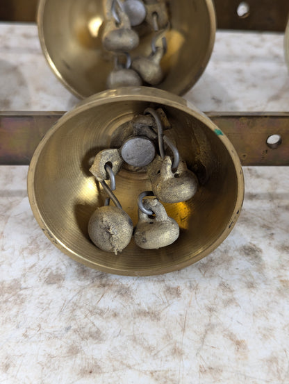 2 Vintage Clusters of 4 Brass Sleigh Bells on Metal Bar - view 3