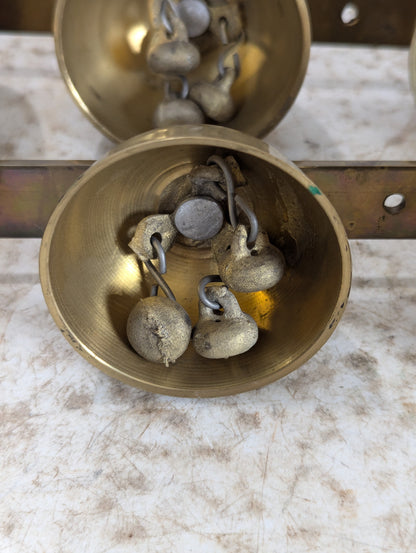 2 Vintage Clusters of 4 Brass Sleigh Bells on Metal Bar