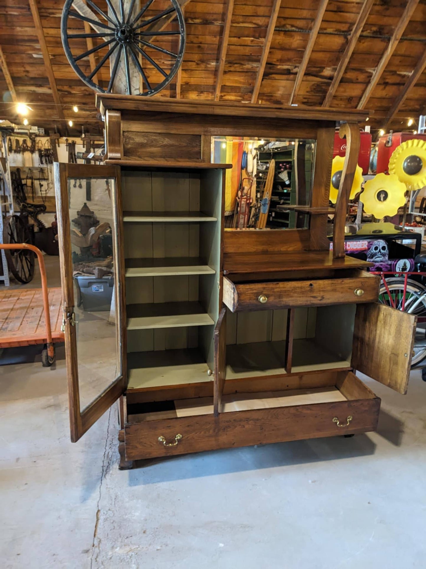 Antique Solid Oak Side By Side China Cabinet