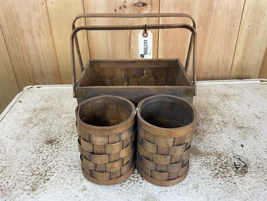 Vintage Wooden Wicker Rattan Basket with Utensil Caddy