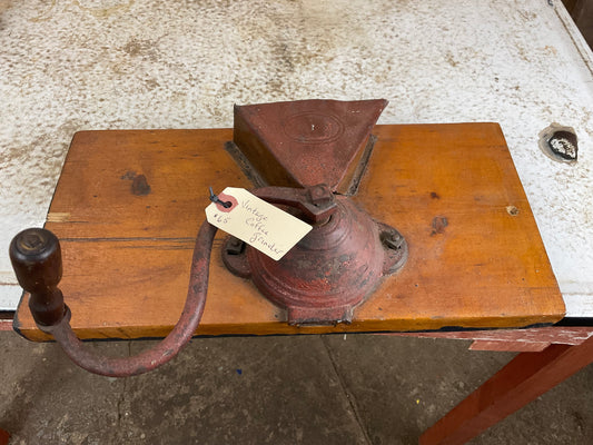 Vintage Cast Iron Hand Cranked Coffee Grinder Mounted on Wooden Board