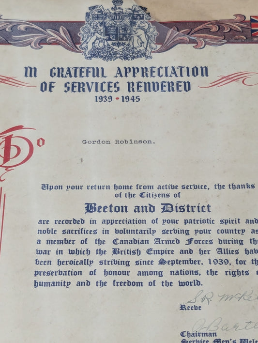 Vintage WW2 Services Rendered Framed Document