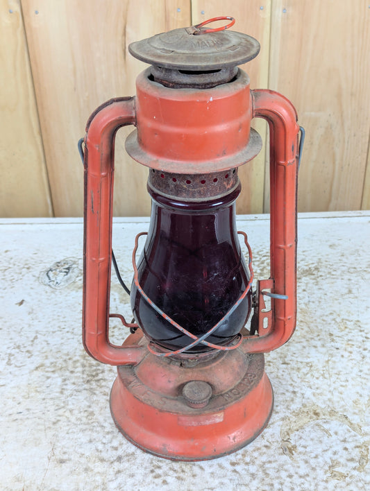 Vintage Dietz No. 129 Crescent Barn Oil Lantern with Red Glass Shade