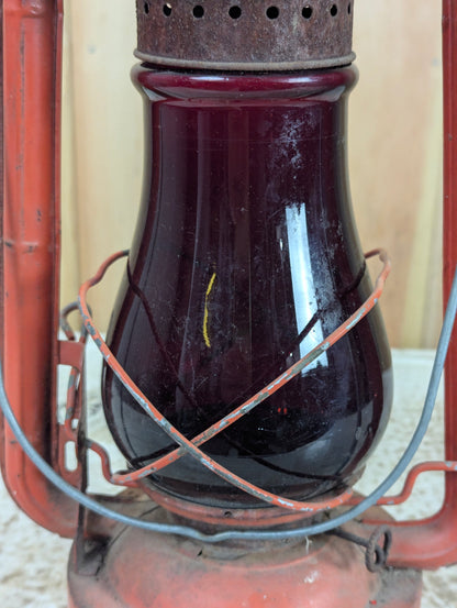 Vintage Dietz No. 129 Crescent Barn Oil Lantern with Red Glass Shade
