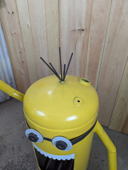 Handcrafted Minion Recycled Scrap Metal Yard Garden Art with Fire pit.