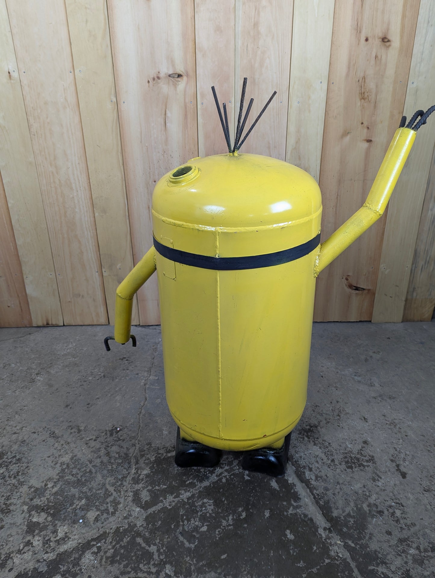Handcrafted Minion Recycled Scrap Metal Yard Garden Art with Fire pit.