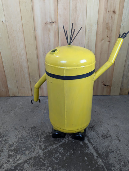 Handcrafted Minion Recycled Scrap Metal Yard Garden Art with Fire pit.